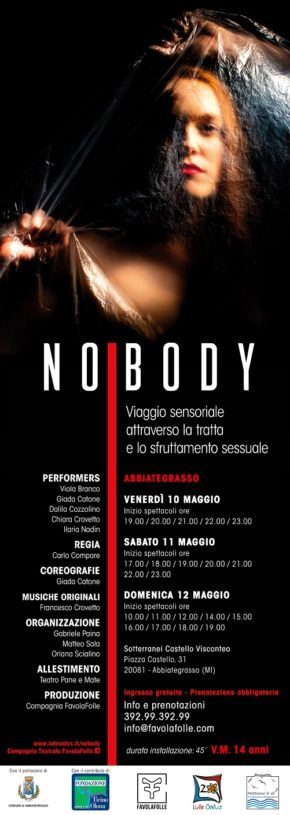 locandina rappresentazione NoBody installazione teatrale tratta e sfruttamento Associazione Lule Abbiategrasso attività sensibilizzazione