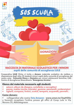 Cooperativa LULE Onlus - campagna di raccolta materiale scolastico da mettere a disposizione degli oltre 30 studenti minori ospiti delle comunità di accoglienza dell'ente